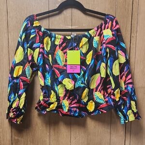 Tabitha Black, Yellow and Pink Off The Sholder Puff Sleeve Crop Blouse